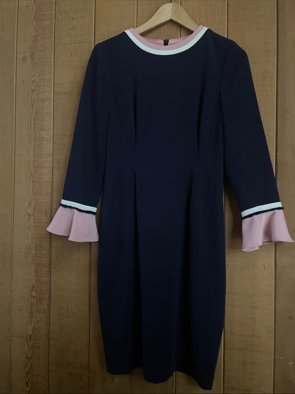 Classic Navy Long-Sleeve Dress with Pink Trim